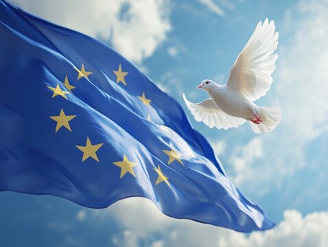 European Union Flag with White Dove of Peace Against Blue Sky