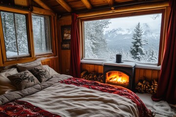 Cozy mountain chalet with a warm fireplace, comfort