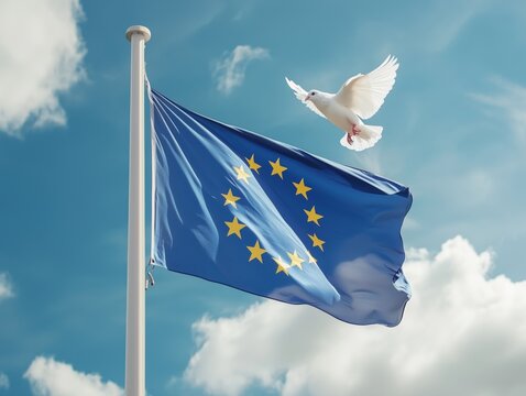 European Union Flag with White Dove of Peace Against Blue Sky
