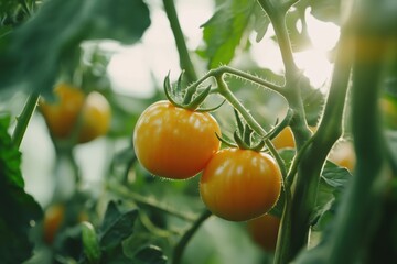 Yellow tomatoes growing on vine in greenhouse with sunlight
