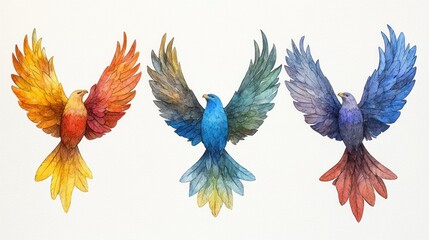 Obraz premium Colorful Eagles Soaring: Watercolor Illustration of Four Vibrant Birds in Flight with Beautiful Feathers