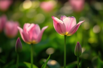 Obraz premium Pink tulips blooming in spring sunlight: close-up of elegant flowers