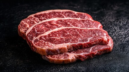 Three raw beef steaks stacked on a textured dark surface, ready for cooking
