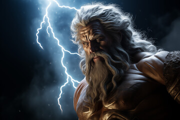 Naklejka premium Zeus, King of the Greek Gods, God of Thunder and Lightning, Ancient Greek Mythology, Powerful Ruler of Mount Olympus, Symbol of Divine Authority and Justice in Greek Legends and Mythological Art.