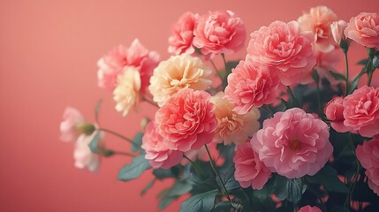 Obraz premium Close-up of pink and peach roses against a coral background.