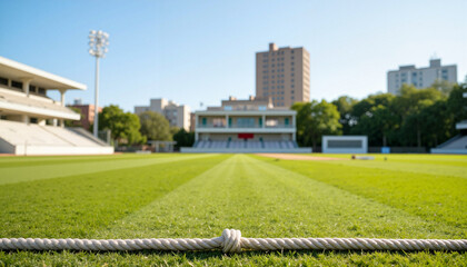Sports field with green grass and a clear blue sky, rope on the cricket field