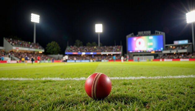 Cricket ball on green field at nighttime stadium