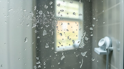 Dirty glass shower door with mineral deposits, hard water spots, and soap scum , grime, stains, bathroom, hygiene