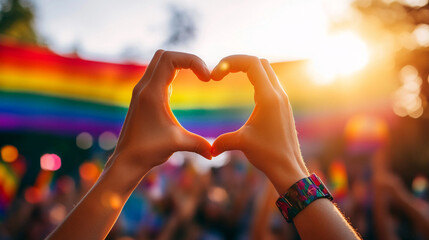 Hands forming heart shape against blurred rainbow flag background, symbolizing love, unity, and LGBTQ+ pride. Perfect for Valentine's Day or inclusivity campaigns