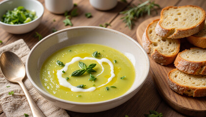 Creamy green asparagus soup served with bread on wooden table
