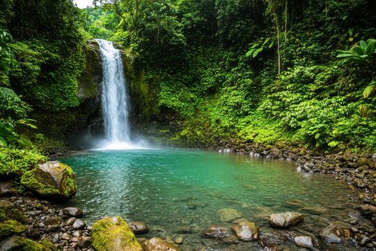 A lush rainforest with a waterfall, exhilaration