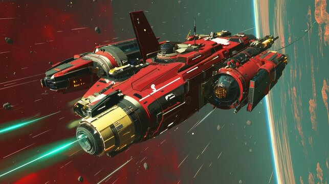 a futuristic red spaceship soaring through the vast expanse of outer space, navigating through cosmic surroundings. It’s a detailed illustration of advanced technology, space exploration.