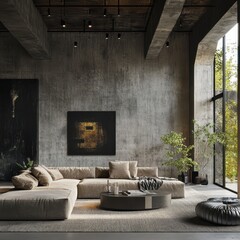 A modern living room interior with art and concrete textures