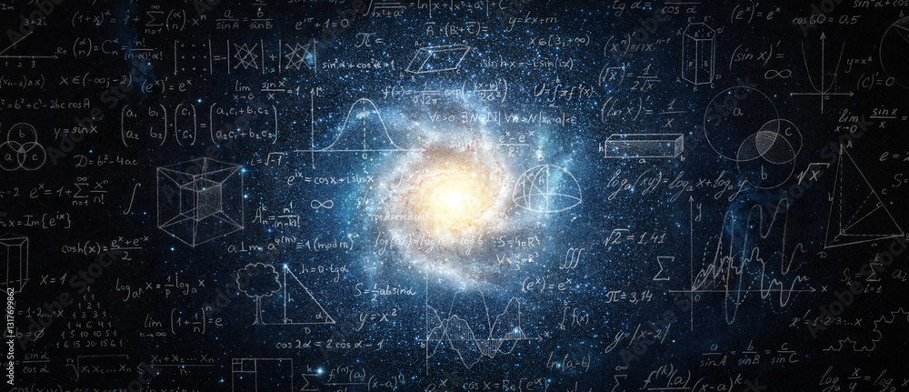 Wall mural mathematical and physical formulas against the background of a galaxy in universe. space background 