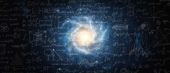 Mathematical and physical formulas against the background of a galaxy in universe. Space Background...