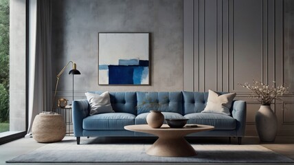 Minimalist interior with a boucle sofa, blue accents, and artistic decor, creating a tranquil and stylish atmosphere.
