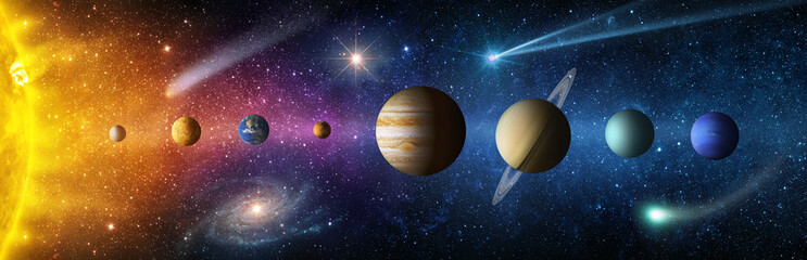 Solar system- Sun, Mercury, Venus, planet Earth, Mars, Jupiter, Saturn, Uranus, Neptune.. Space...