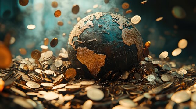 A detailed view of a globe surrounded by scattered coins, symbolizing wealth and global finance in a dramatic setting