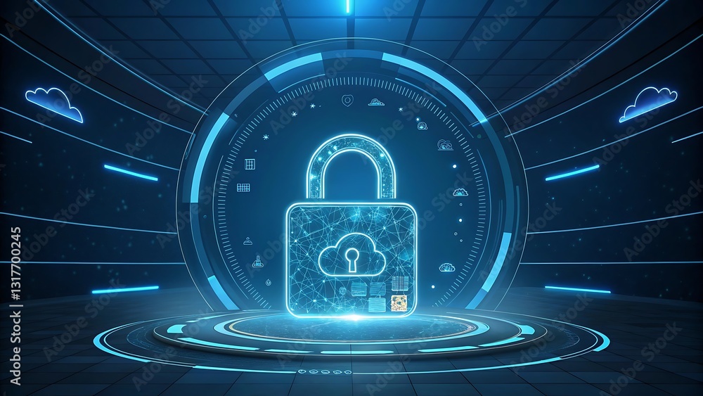 Poster secure cloud data protection digital lock technology abstract futuristic design