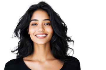 Portrait of a smiling young South Asian woman with dark hair and radiant skin, wearing a black top, isolated on a white background