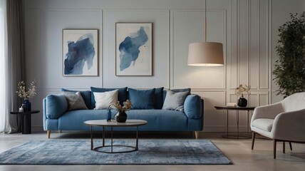 Minimalist interior with a boucle sofa, blue accents, and artistic decor, creating a tranquil and stylish atmosphere.