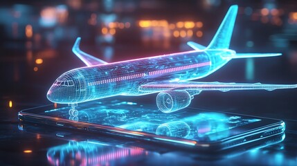 Holographic airplane on a smartphone, futuristic travel concept.