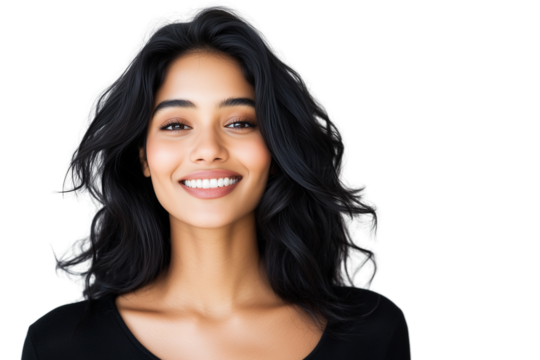 Portrait of a smiling young South Asian woman with dark hair and radiant skin, wearing a black top, isolated on a white background - Powered by Adobe