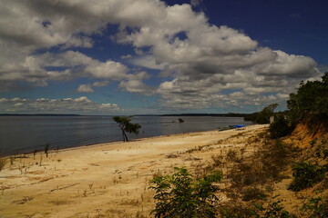 The Rio Negro river with Praia Lua beach near Manaus, Amazonas state, Brazil. The river here has...
