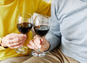 love senior woman couple home wine glass celebration toast wineglass alcohol cheers holiday beverage red romantic anniversary dating toasting valentine eve portrait happy husband wife
