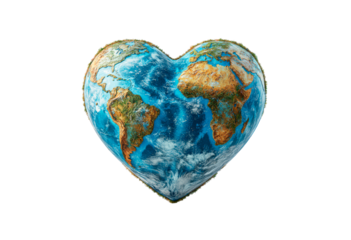 Heart shaped earth with continents isolated on transparent background