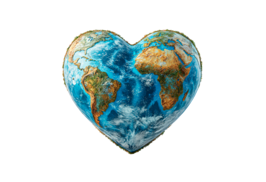 Heart shaped earth with continents isolated on transparent background