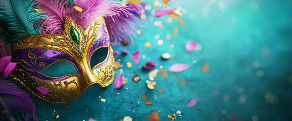 Ornate gold and purple masquerade mask with feathers, on teal background with confetti, showcasing festive celebration and mystery, ideal for party invitations or carnival themes