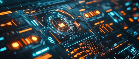 Futuristic tech interface; digital data streams; glowing orange & blue; abstract background; website/app design