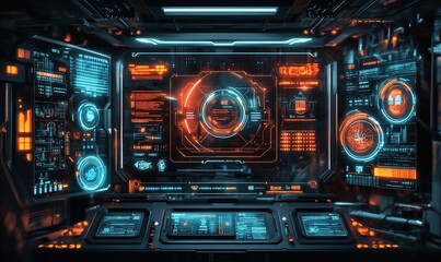 Fototapeta premium Futuristic spaceship control room; monitoring systems