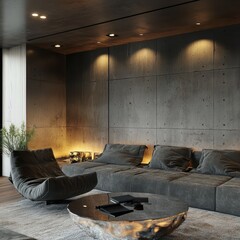 Modern Interior Living Room Showcasing Concrete Walls And Furniture
