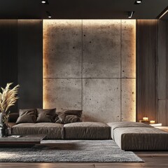 Modern living room design featuring a large concrete panel wall