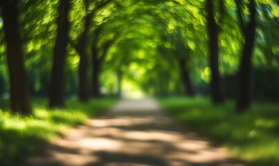 Walking Path Through Green Tree Tunnel on Sunny Day in Nature