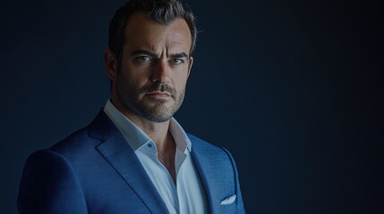 Professional man in a tailored blue suit poses confidently against a dark background, exuding charisma