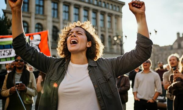Woman raising fists at protest outdoors, diverse crowd