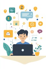 User Typing on Laptop to Submit Customer Feedback with Digital Satisfaction Ratings, Featuring Virtual Icons for Positive Review, Customer Service, and Online Consumer Interaction in Business Platform