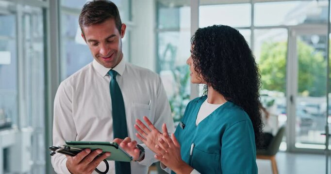Tablet, hospital and nurse with manager in discussion for administration, advice and meeting. Healthcare, team and medicine sales rep with woman on tech for research, diagnosis and medical service