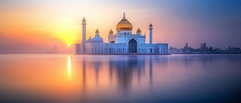 Majestic white marble temple at sunrise, reflecting serene hues on still water, creating a tranquil atmosphere. - Powered by Adobe