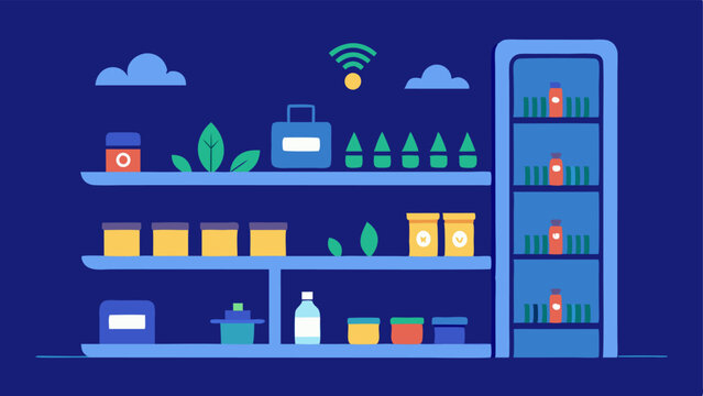 Smart Shelves Shelves equipped with sensors that light up when products are picked up with notifications sent to staff on restocking needs. Illustrate these with glowing shelves