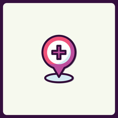 Obraz premium Location pin icon with a plus sign indicating medical assistance symbol