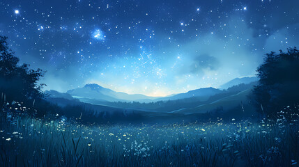 Fototapeta premium Celestial brilliance above meadow. starry meadow. illustration. Celestial Brilliance. Illustration