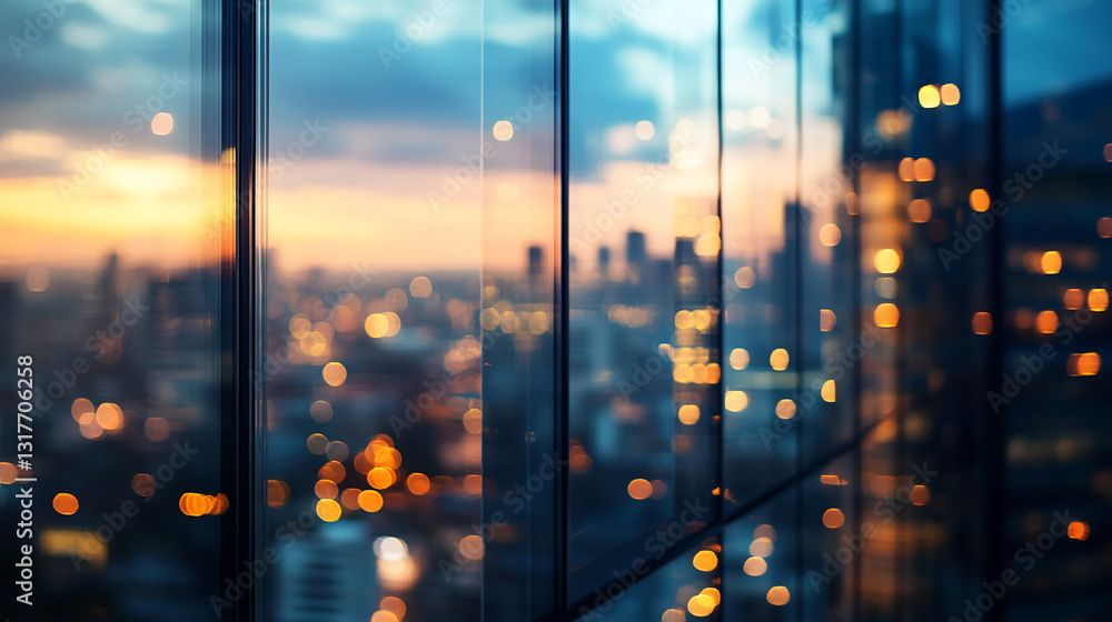 Poster blurred city lights viewed through glass panels at sunset, creating a bokeh effect, showcasing urban