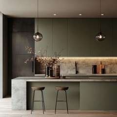 Modern kitchen interior with island stools and decorative lighting fixtures