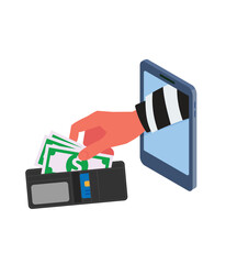 Hand take money on wallet from phone. internet scammer and financial concept in vector isolated in white background stock illustration