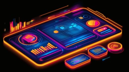 futuristic digital interface on a smartphone or tablet, with glowing neon lights