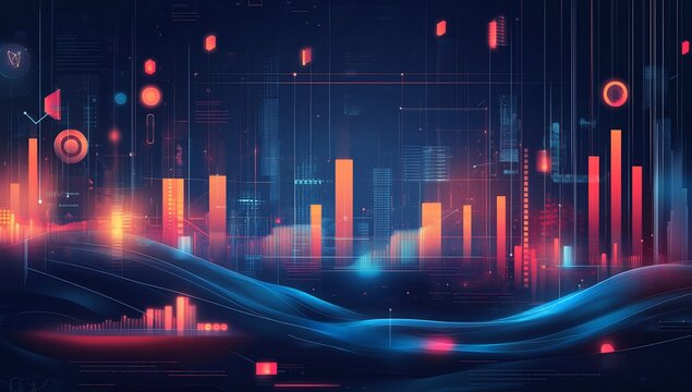 Abstract digital data visualization with glowing bars and waves.